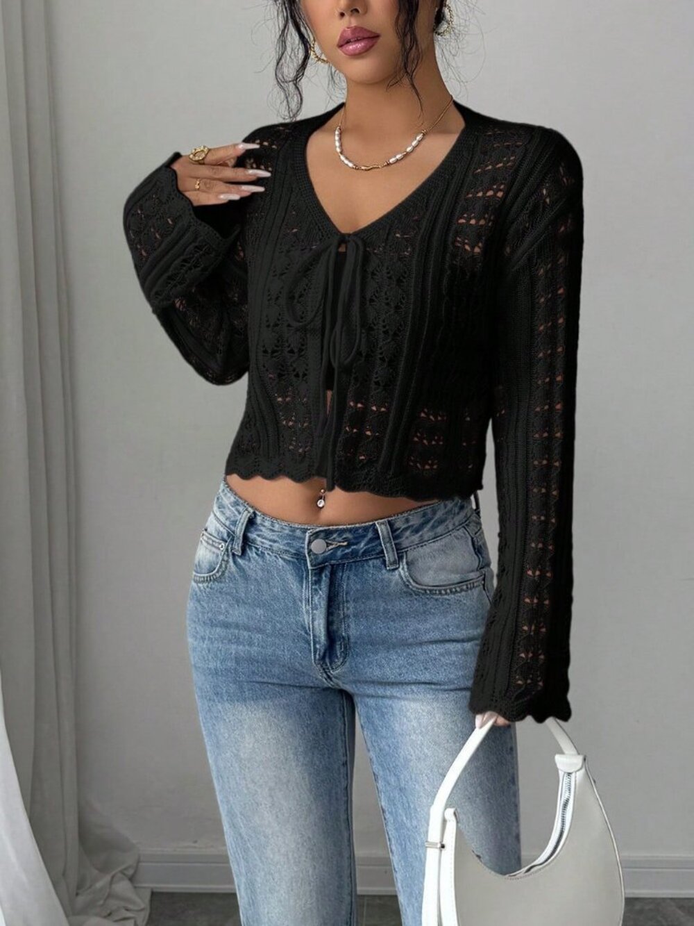 black Casual Women's Elegant Flared Sleeve Tie-Front Hollow Out Cardigan - Picture 5 of 8